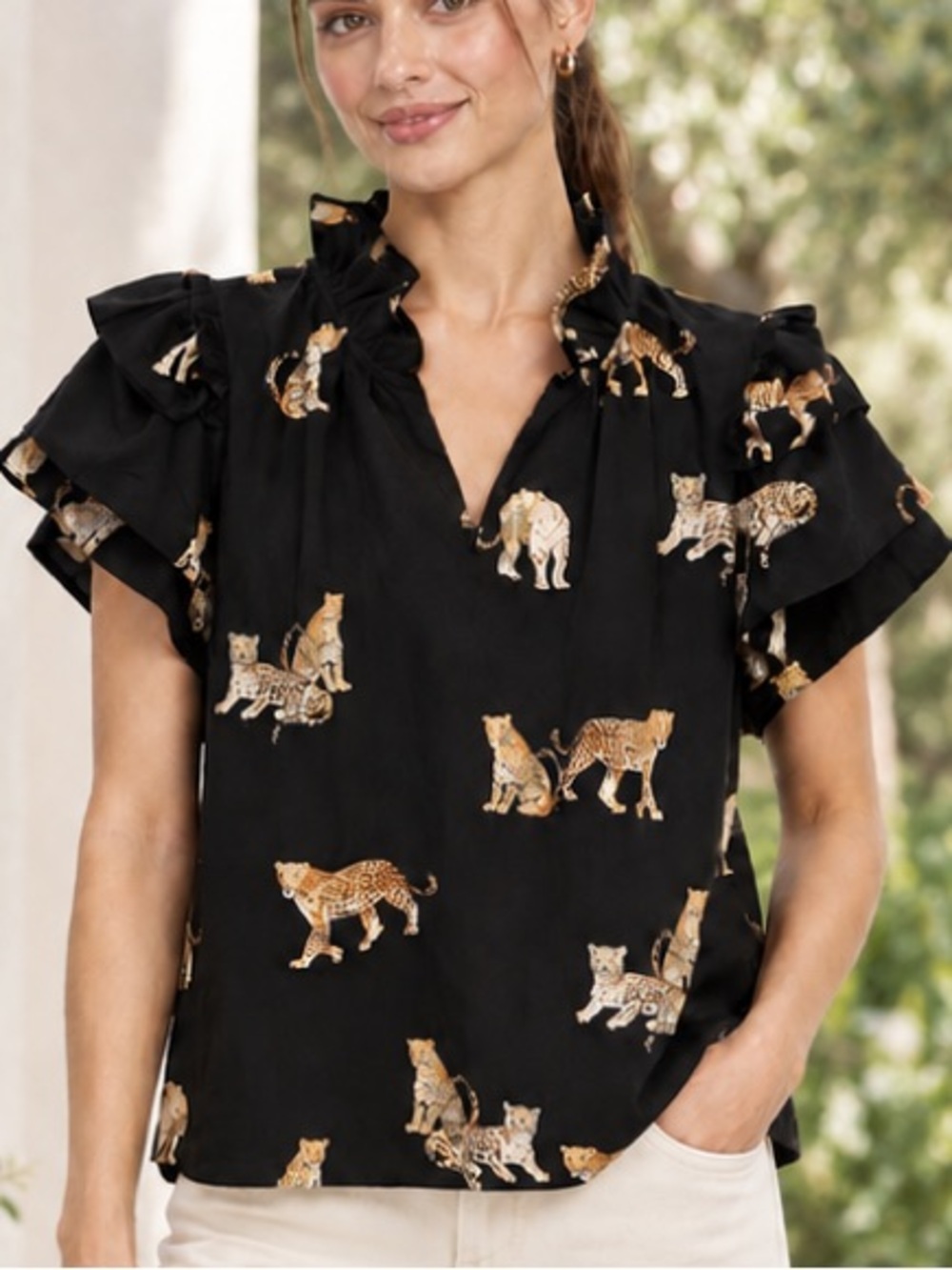THML Leopard Print Top with Ruffled Sleeves and Neck Black Size M